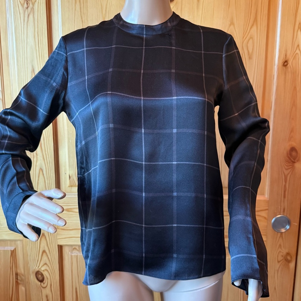 Vince Womens Shiny Silk Black Long Sleeve Blouse Top Size XS Plaid Quiet Luxury